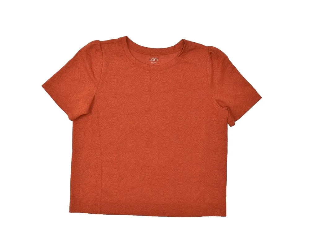 LOFT Women's XL Burnt Orange Textured Puff Sleeve Crew Neck Knit Top